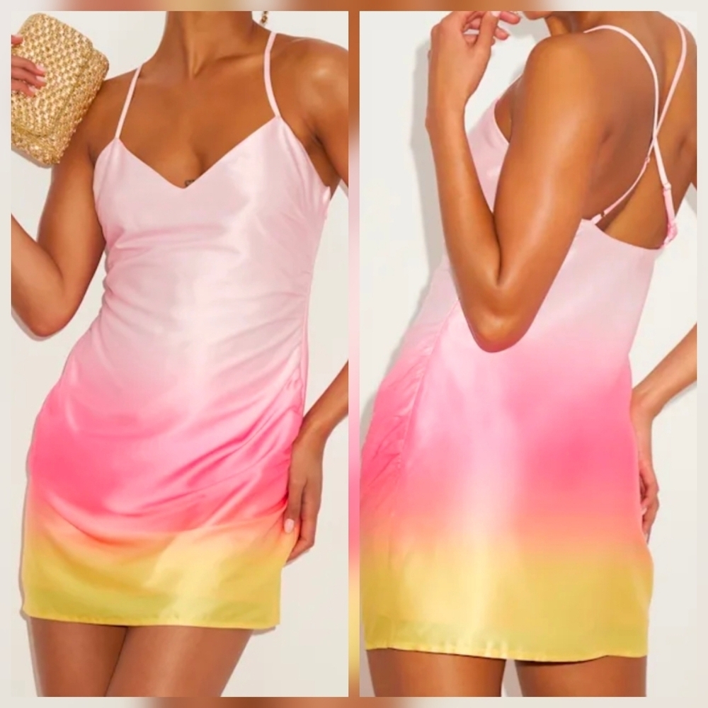 Lulus Dela Light Pink Yellow Sunset Ombre Satin Mini Dress, Size Medium